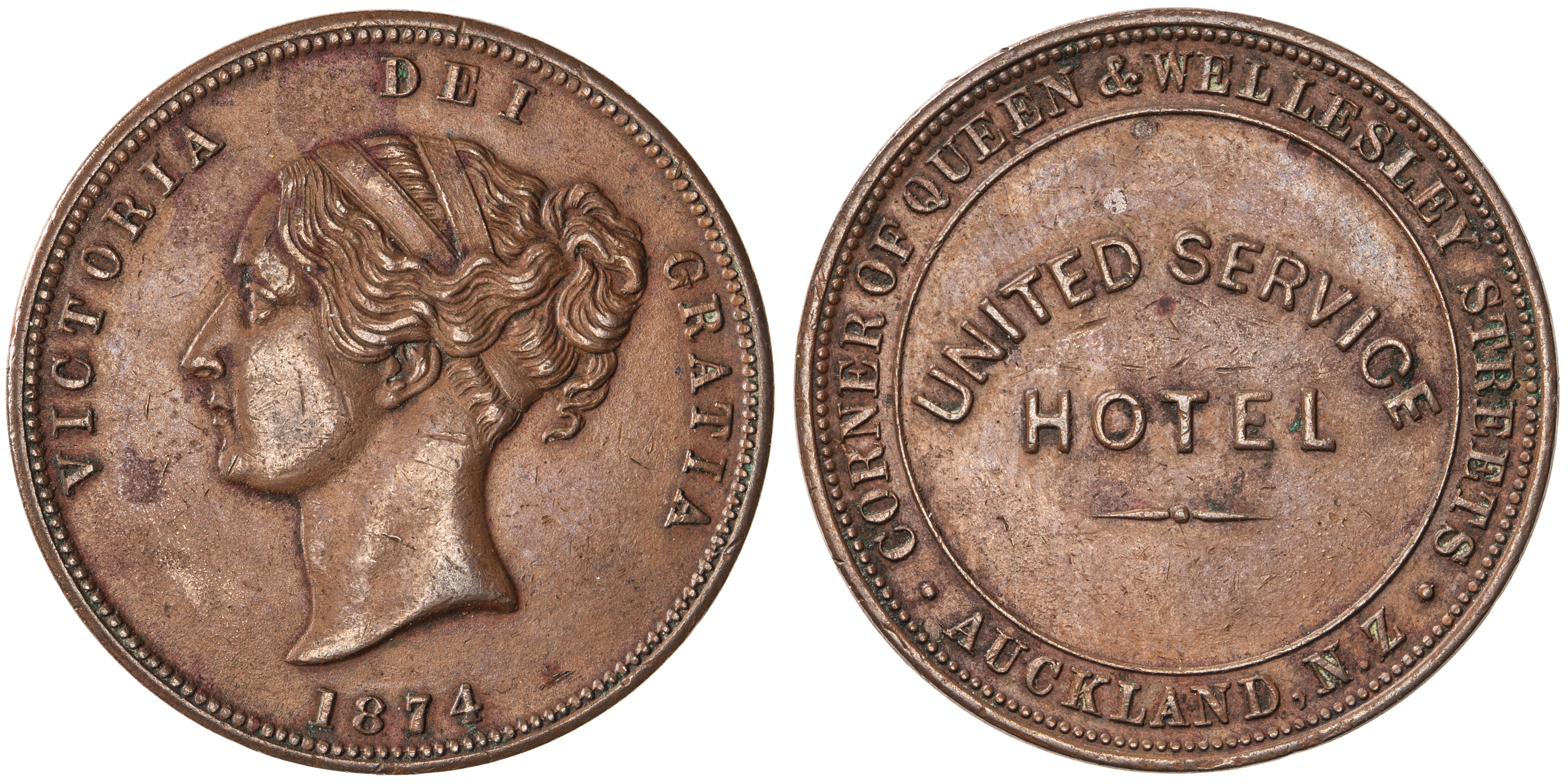 A.289a - United Service Hotel, Auckland, Penny, 1874, gVF