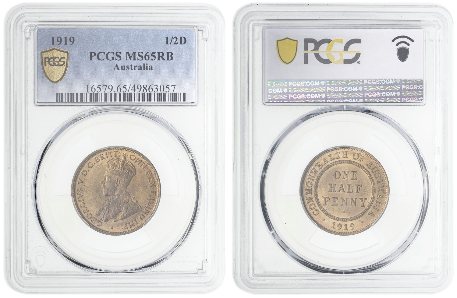 George V, Halfpenny, 1919, PCGS MS65RB