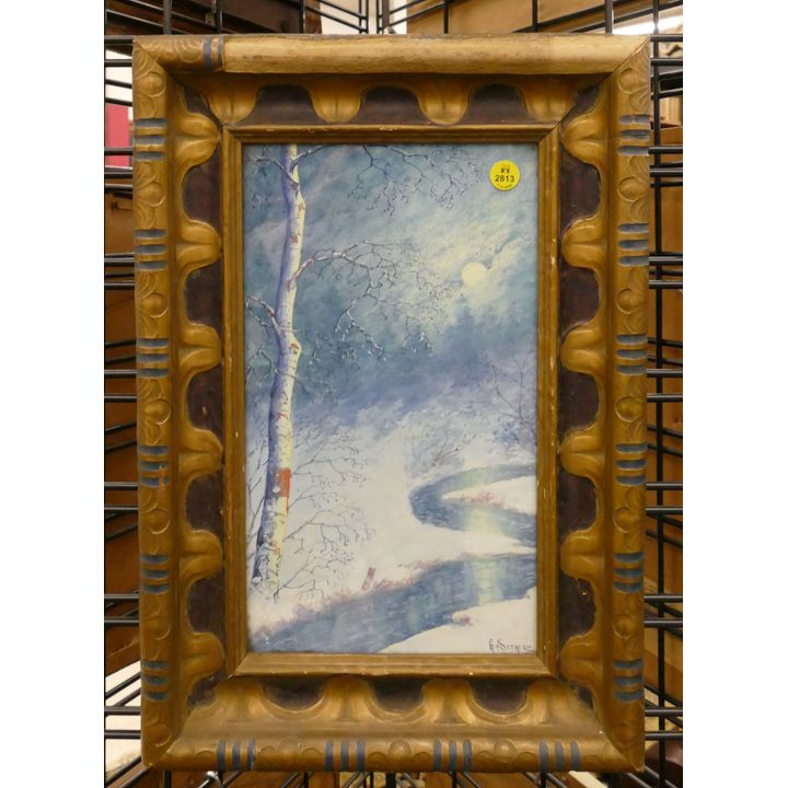 George Sether Winter Scene Gouache Painting Framed- 18x12''