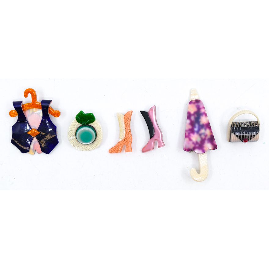 Box 6pc Lea Stein Designer Lucite Brooches