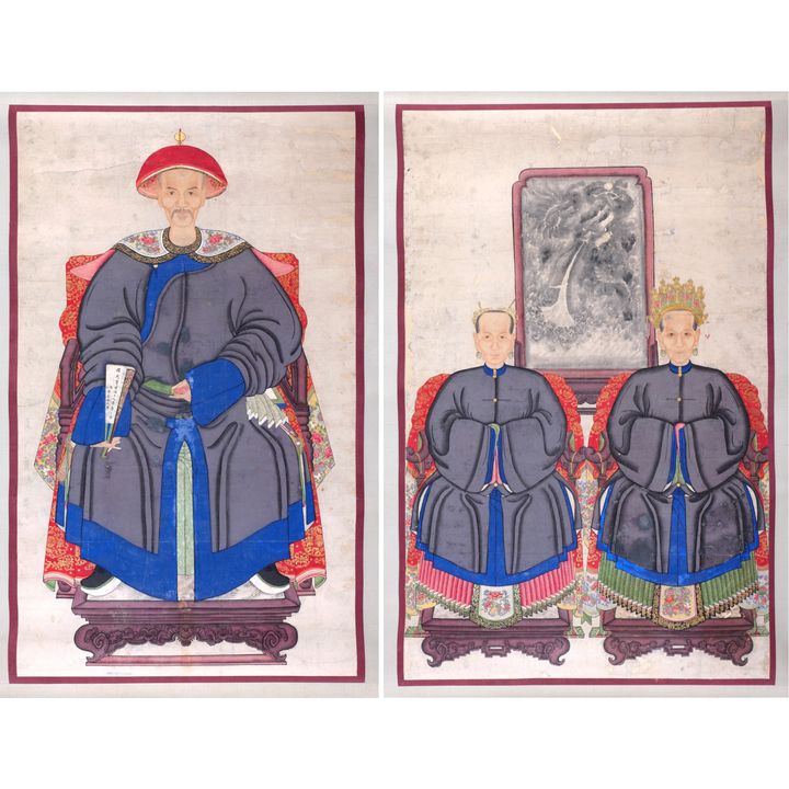 Pair of Chinese Qing dynasty ancestor portrait silk scroll paintings