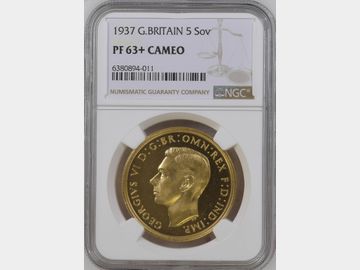 1937 GEORGE VI PROOF GOLD 5 POUND COIN PF63+ CAMEO