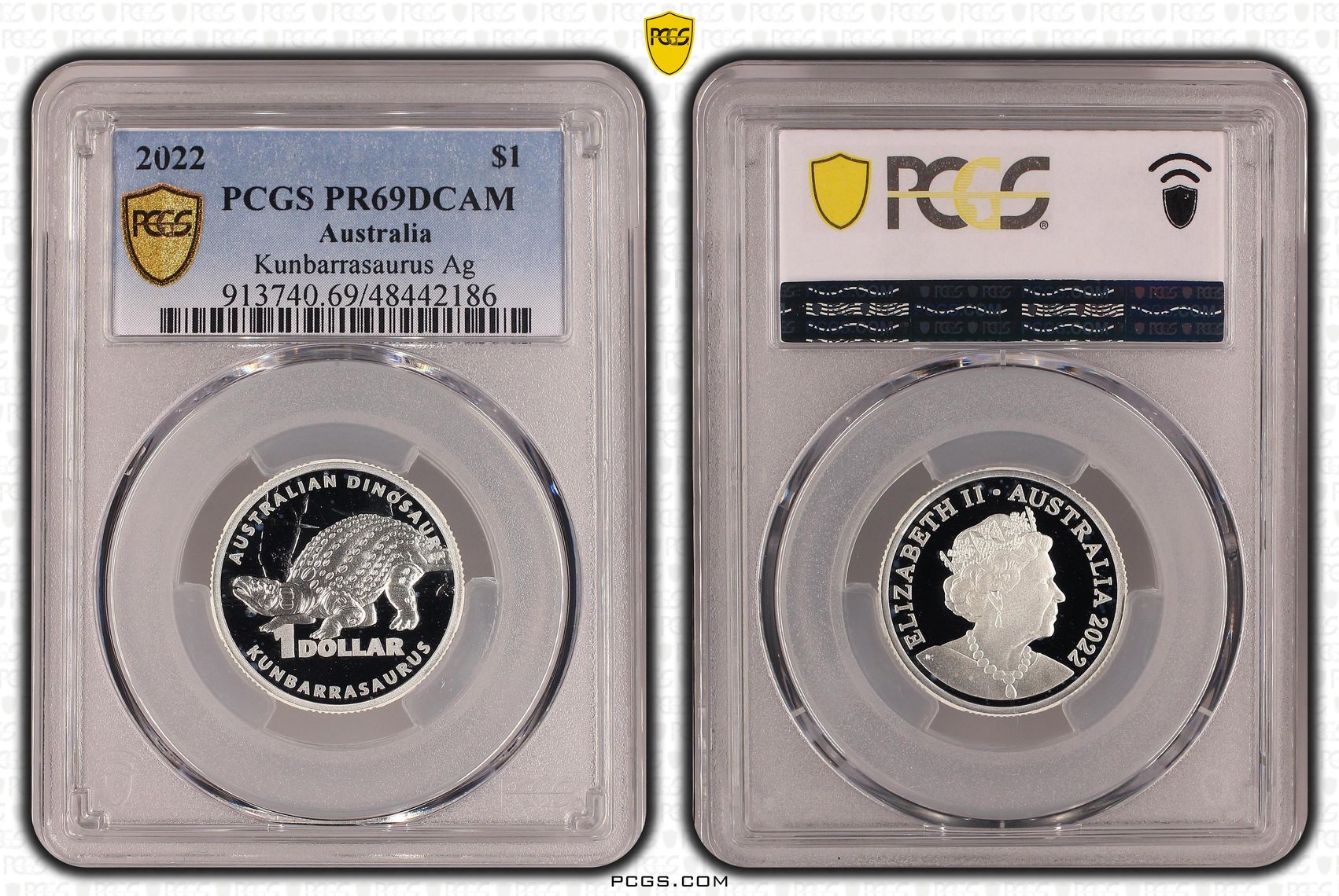 Elizabeth II, Kunbarrasaurus Silver, One Dollar, 2022, PCGS PR69DCAM