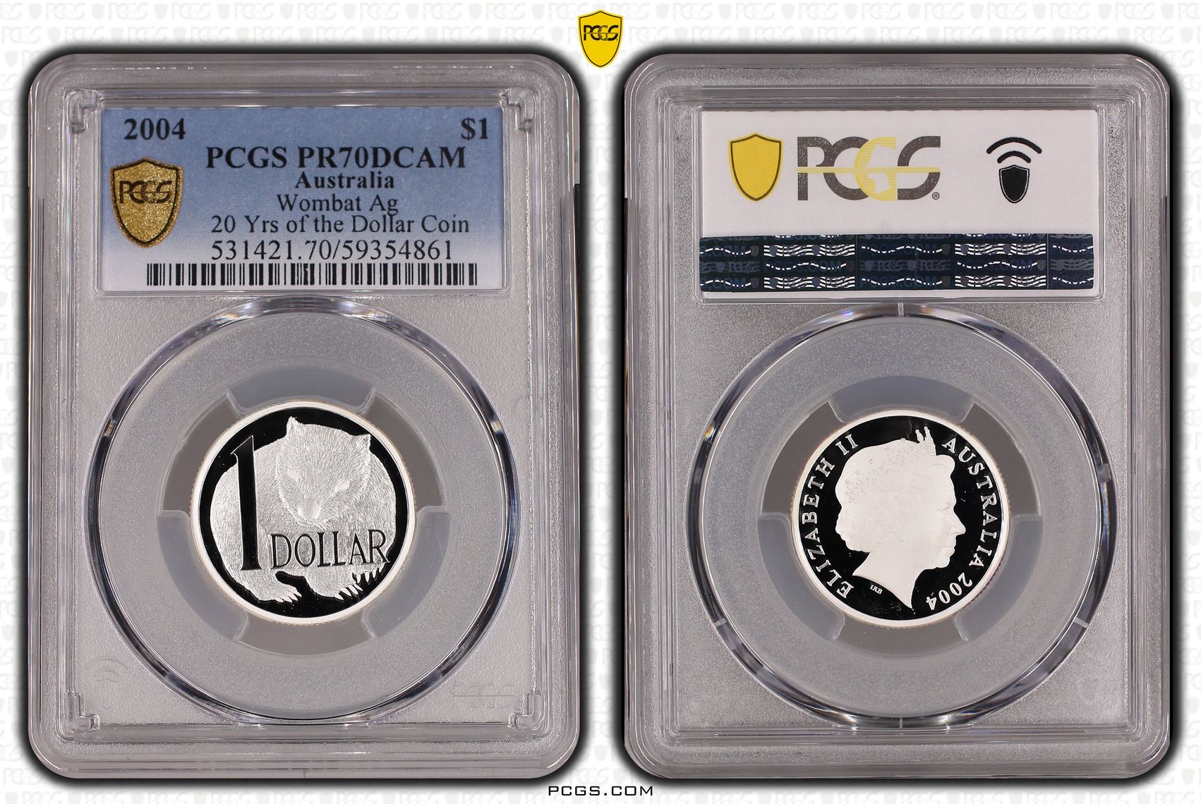Wombat Silver 20 Yrs of the Dollar Coin, One Dollar, 2004, PCGS PR70DCAM