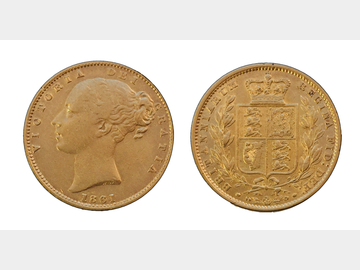 1861 Queen Victoria Young Head London Mint Shield Gold Sovereign.