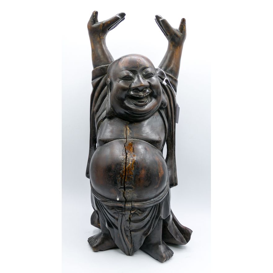 Old Chinese Hardwood Happy Buddha 19'' - Some age cracking