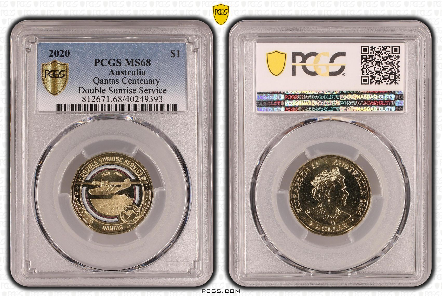 Qantas Centenary Double Sunrise Service, One Dollar, 2020, PCGS MS68