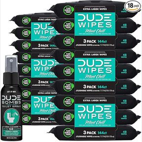 DUDE Wipes - Flushable Wipes with DUDE Bombs Toilet Spray, 18 Pack (864 Wipes) + 1 Spray Bottle, Mint Chill, Extra-Large, Eucalyptus & Tea T