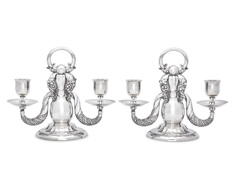 A Pair of Georg Jensen Silver Two-Light Candelabra