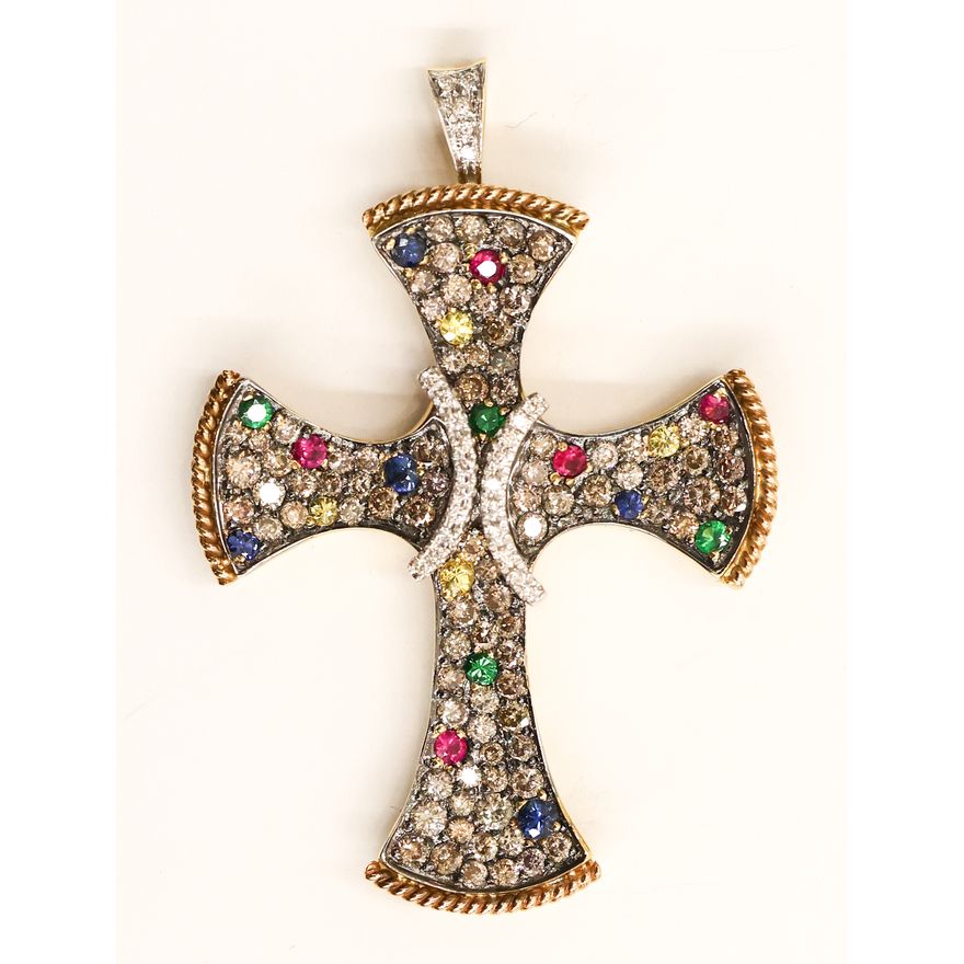 18k Champagne Diamond & Sapphire Cross Pendant