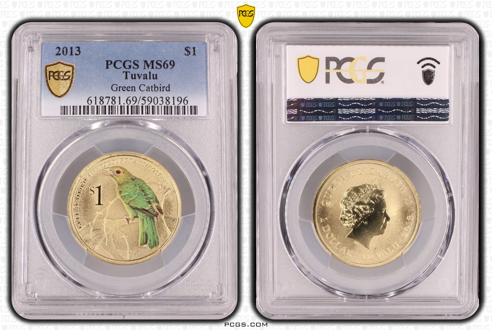 Tuvalu, Green Catbird, One Dollar, 2013, PCGS MS69