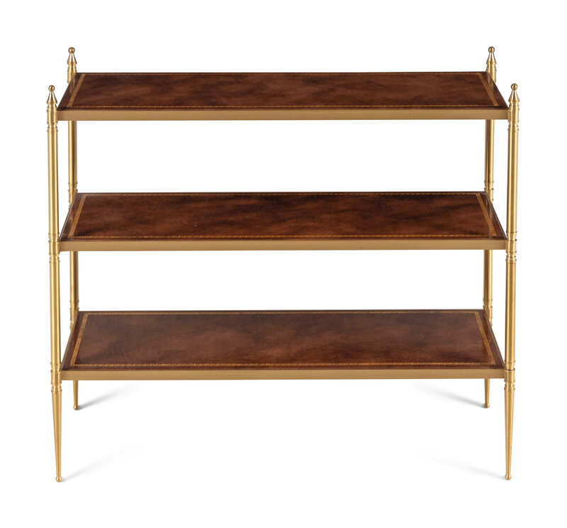 A Brass and Leather Three-Tier Side Table