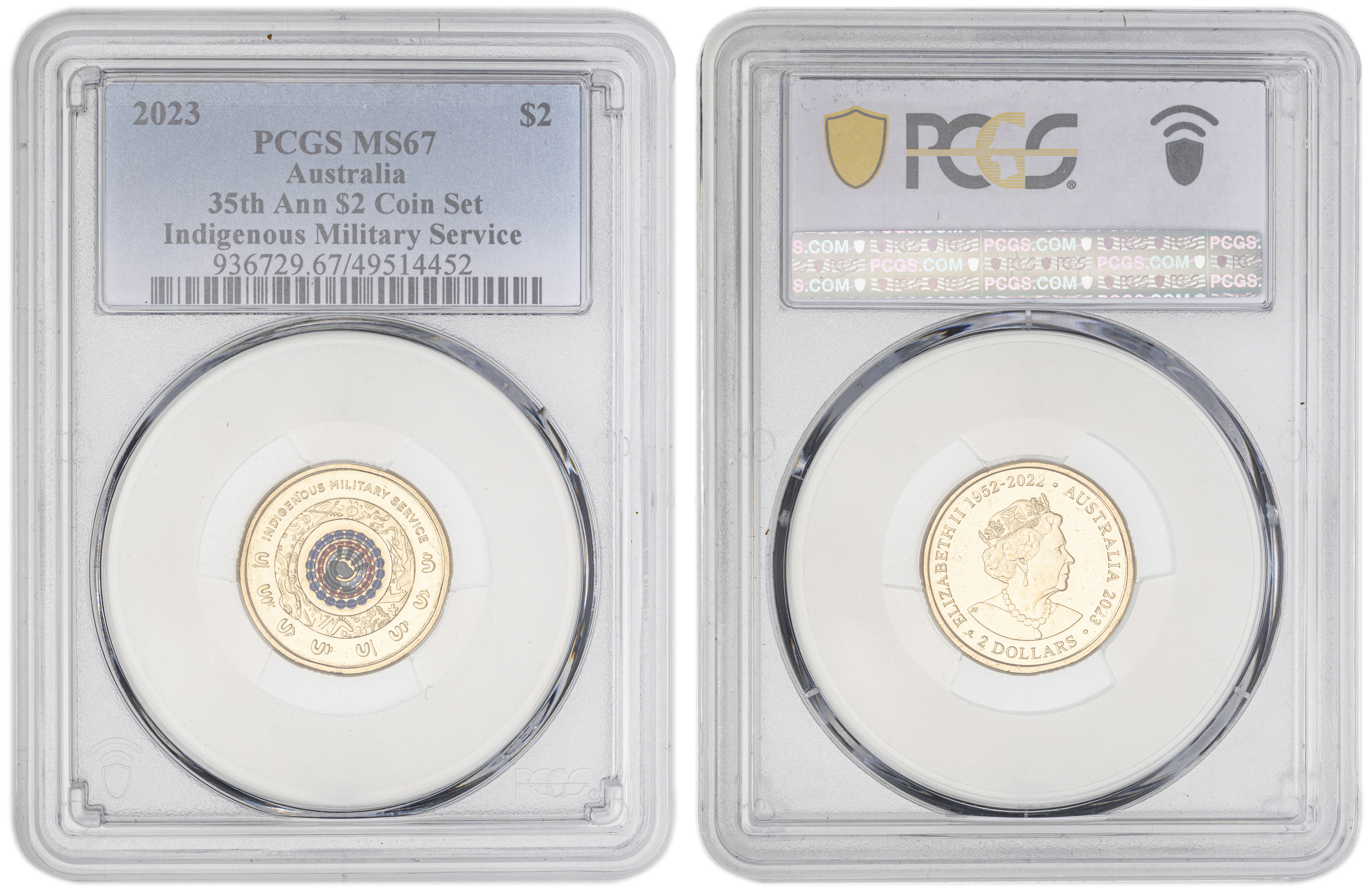 Elizabeth II, 35th Ann $2 Coin Set Colorized - Indigenous Military Service , Two Dollar, 2023, PCGS MS67