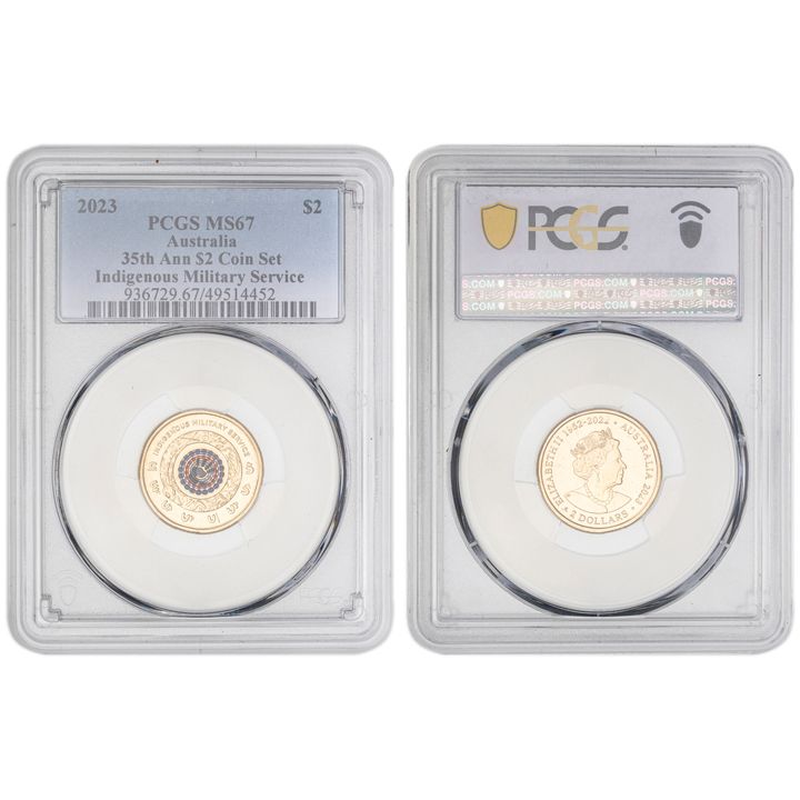 Elizabeth II, 35th Ann $2 Coin Set Colorized - Indigenous Military Service , Two Dollar, 2023, PCGS MS67