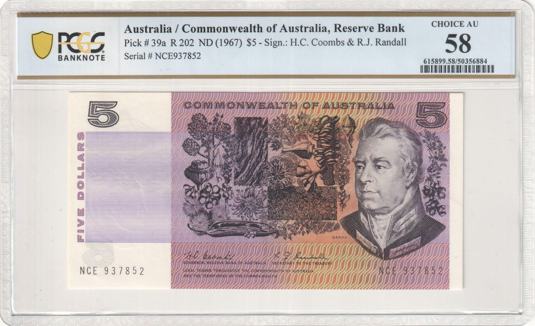 Coombs/Randall, Five Dollar, 1967, PCGS Choice AU 58