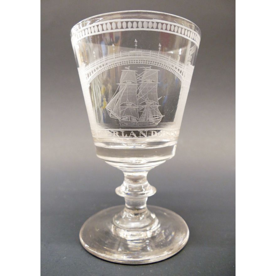 English Sunderland Bridge Engraved Crystal Goblet, c.1820