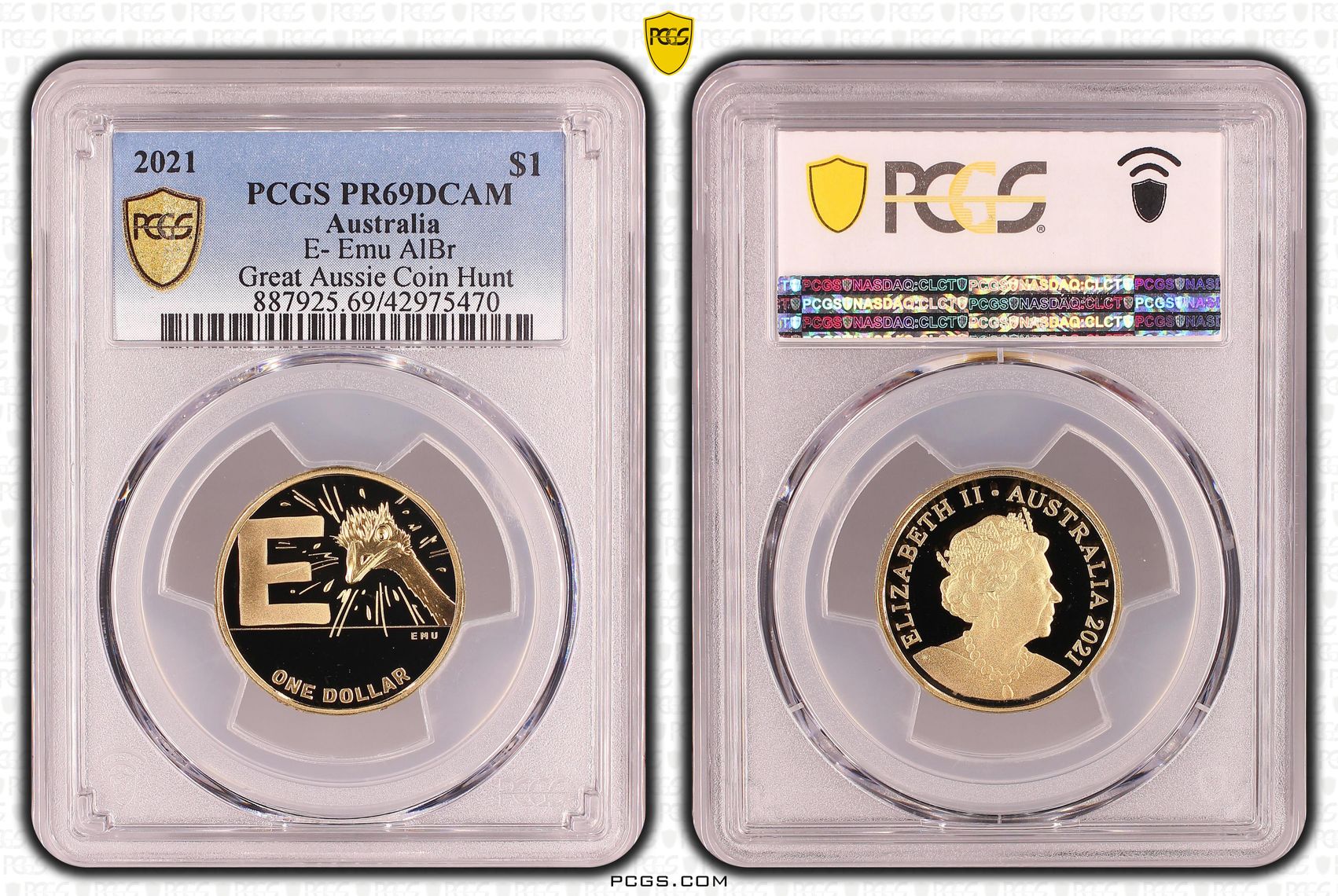 Elizabeth II, E- Emu, Great Aussie Coin Hunt, One Dollar, PR69DCAM , 2021 PCGS POP - 2/0
