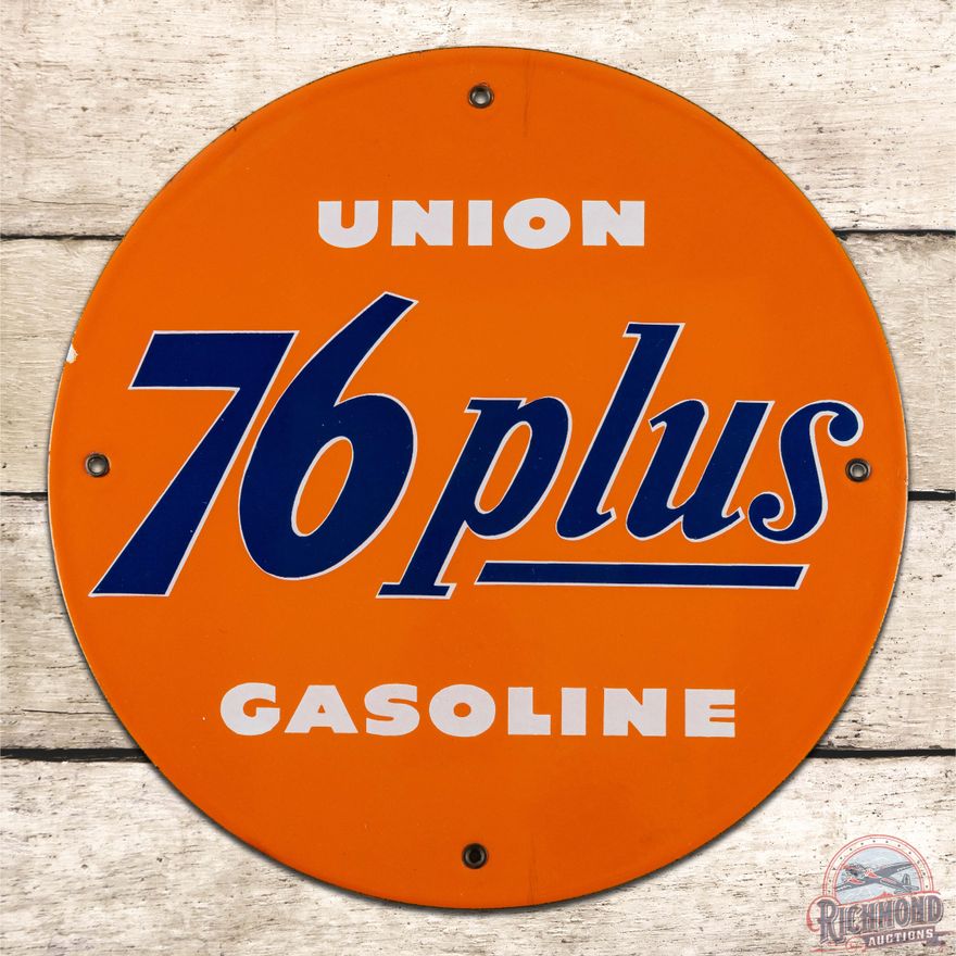 Nice Union 76 Plus Gasoline Single Sided Porcelain Pump Plate Sign