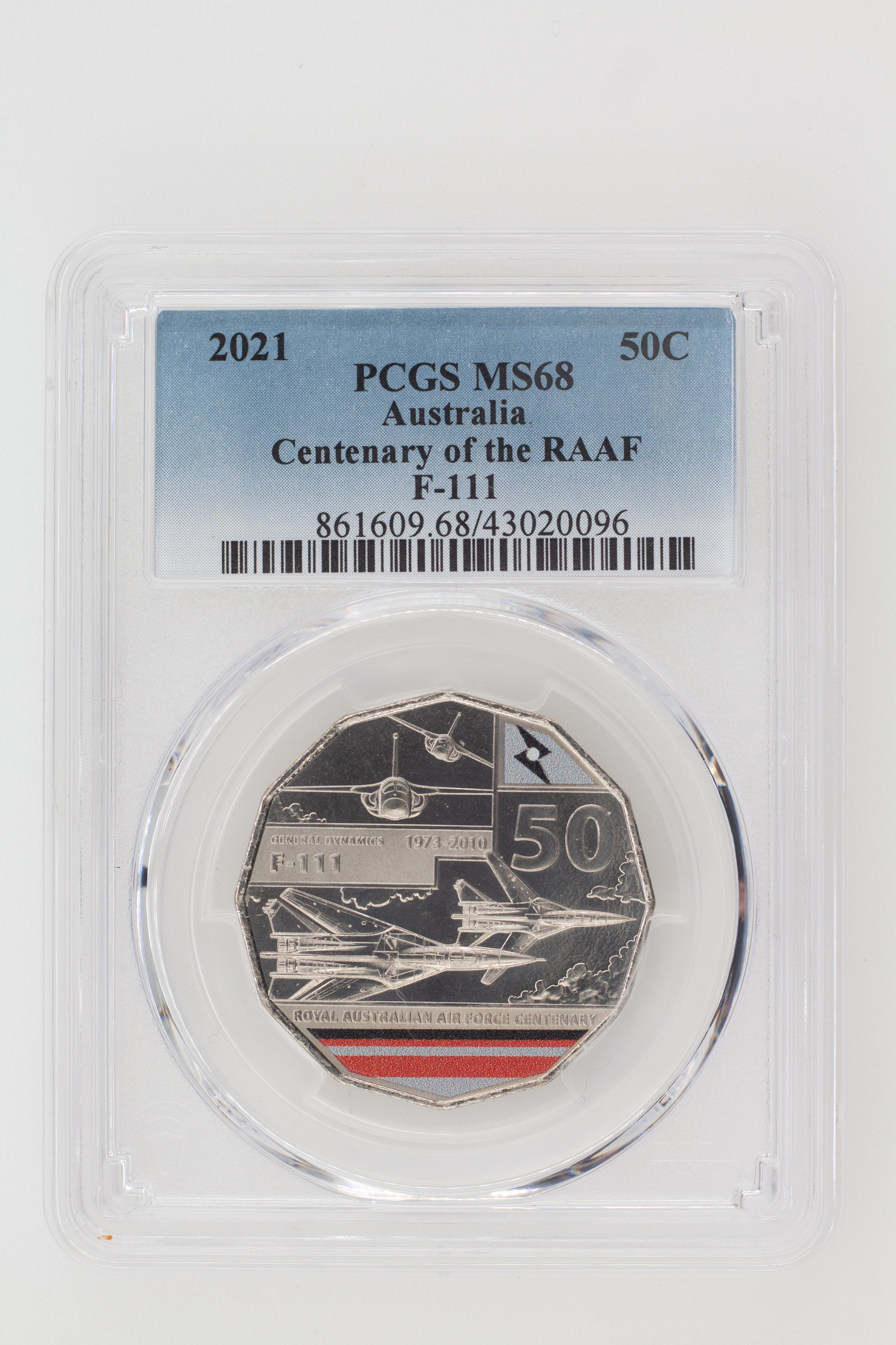 2021 Australia Fifty Cent, 50c Centenary of the RAAF F-111 PCGS - MS68 -096