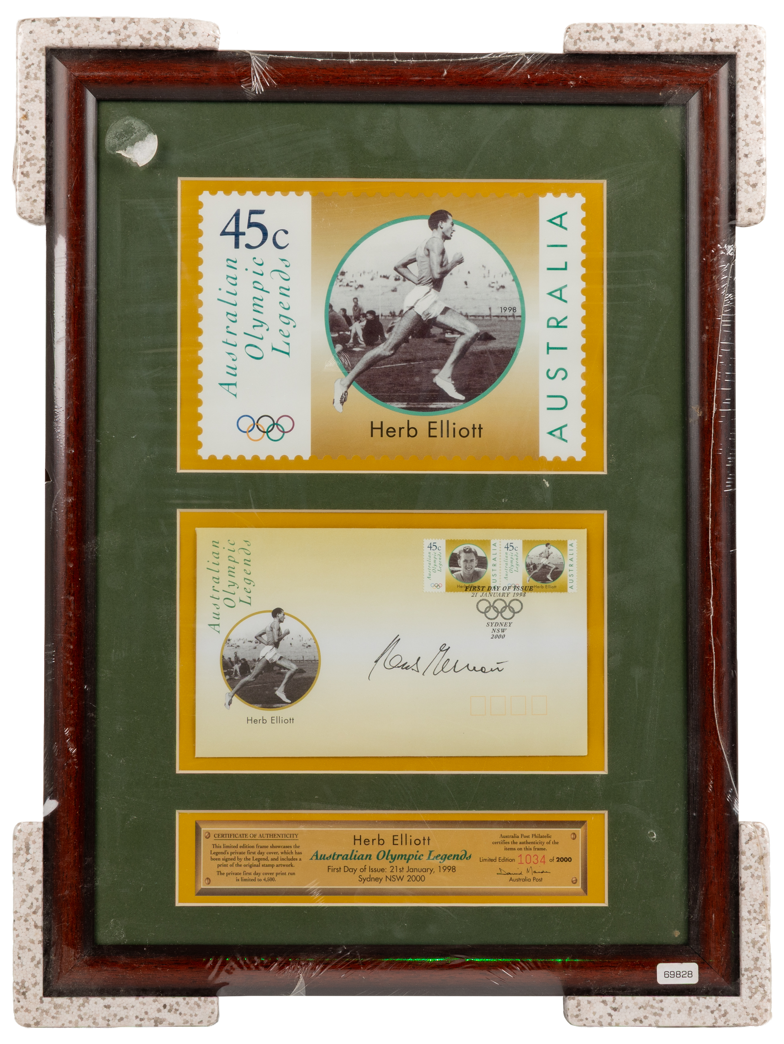 Australia Post - Framed Herb Elliott Giant Stamp & First Day Cover, Forty-Five Cents, 1998, UNC