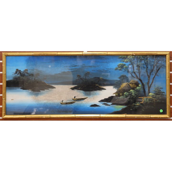 Vintage Asian Panoramic Landscape Painting on Cloth Framed 18''x44''