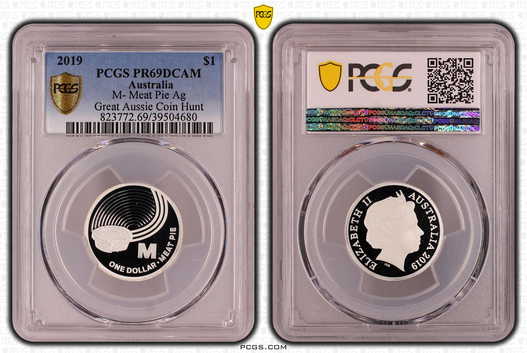 M- Meat Pie Ag Great Aussie Coin Hunt, POP 3/0, One Dollar, 2019, PCGS PR69DCAM