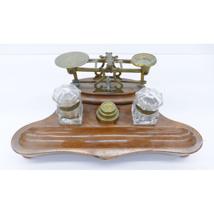 Antique English Wood Inkwell & Scale Set- 5x12''