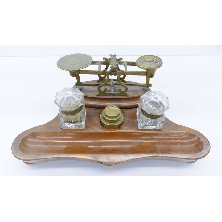 Antique English Wood Inkwell & Scale Set- 5x12''