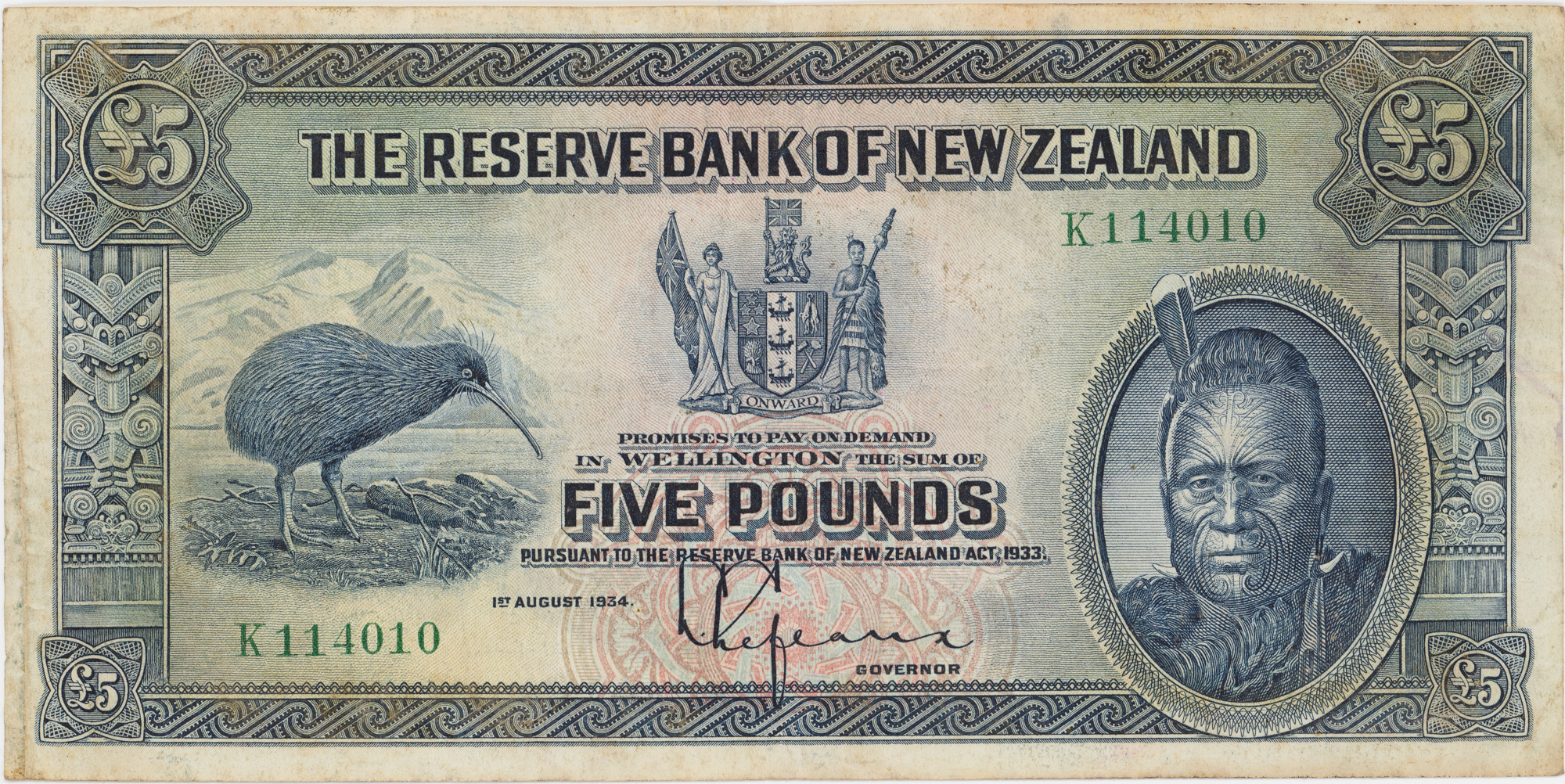 New Zealand, L. Lefeaux, Five Pounds, 1934, aVF