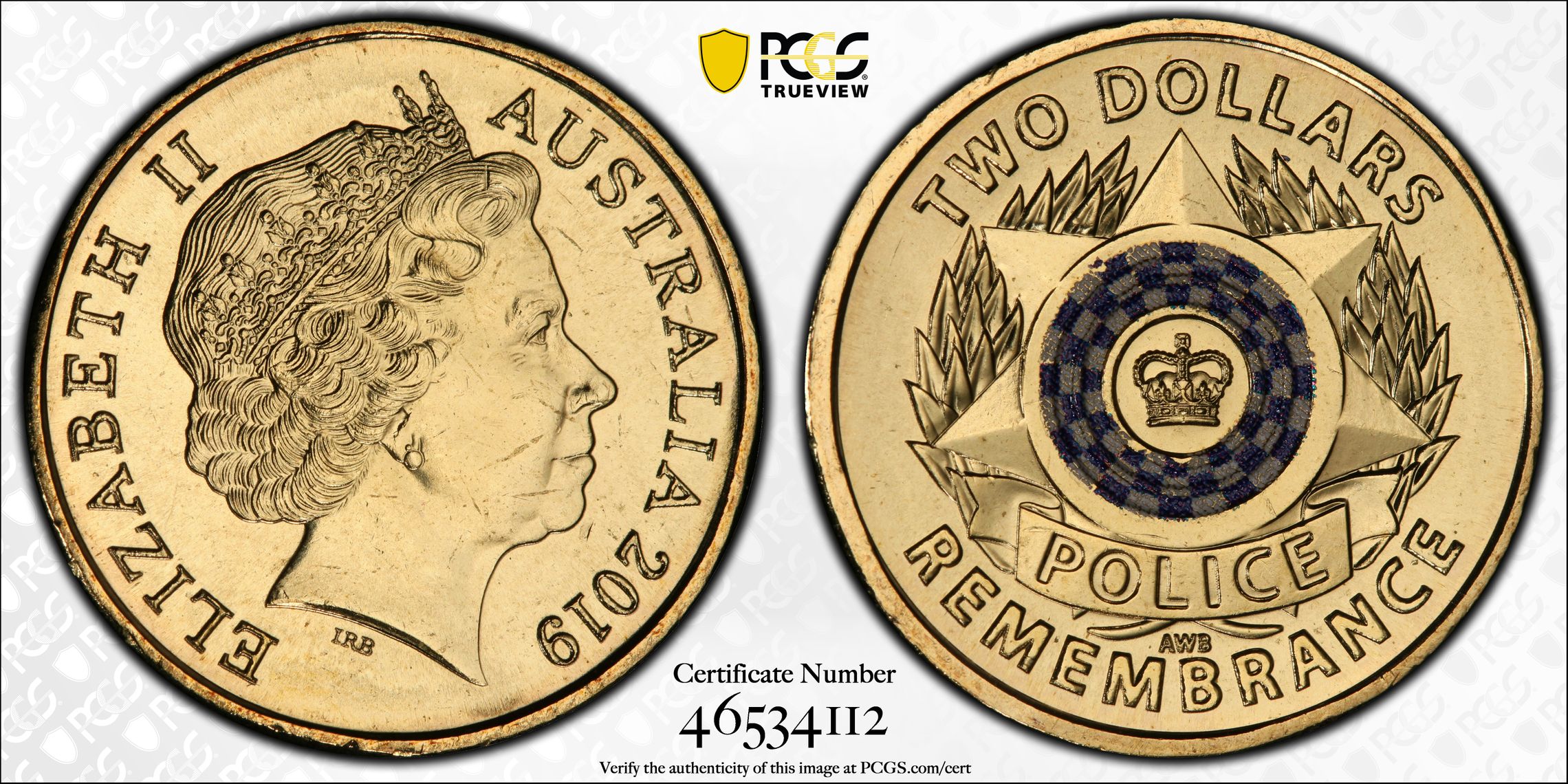 Elizabeth II, Police Remembrance Colorized , Two Dollar, 2019, PCGS MS66
