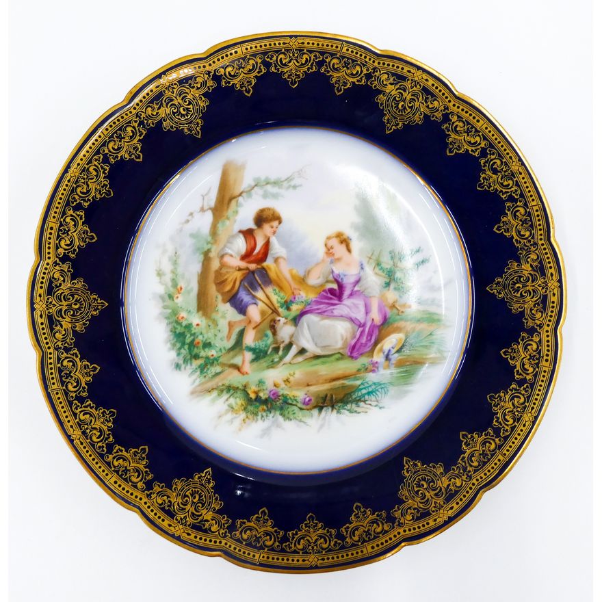 Set 8pc Antique Haviland Courting Scene Cobalt Cabinet Plates- 9''