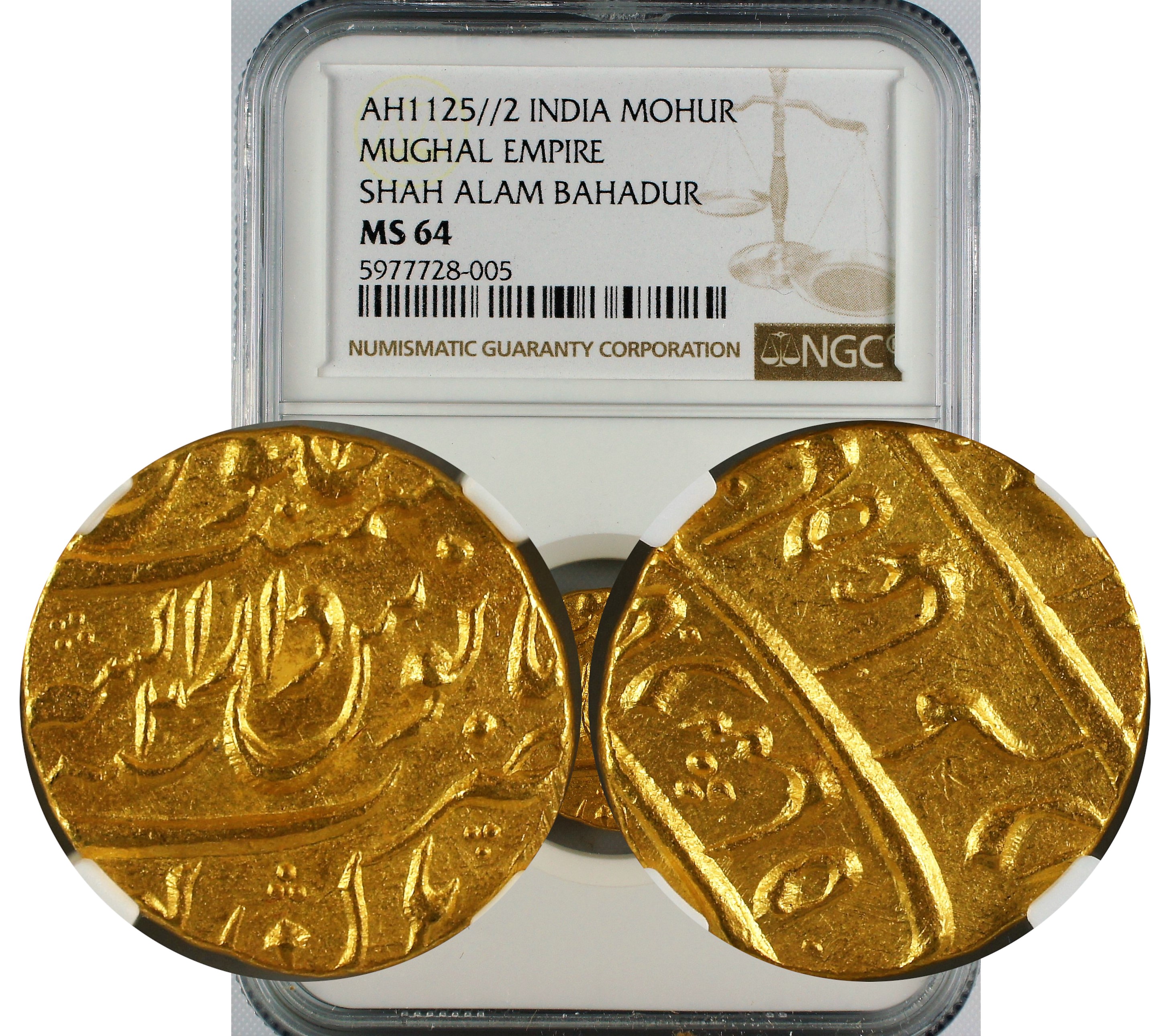 India Mughal Empire AH1125//2 Shah Alam Bahadur Gold Mohur NGC MS64 -RR