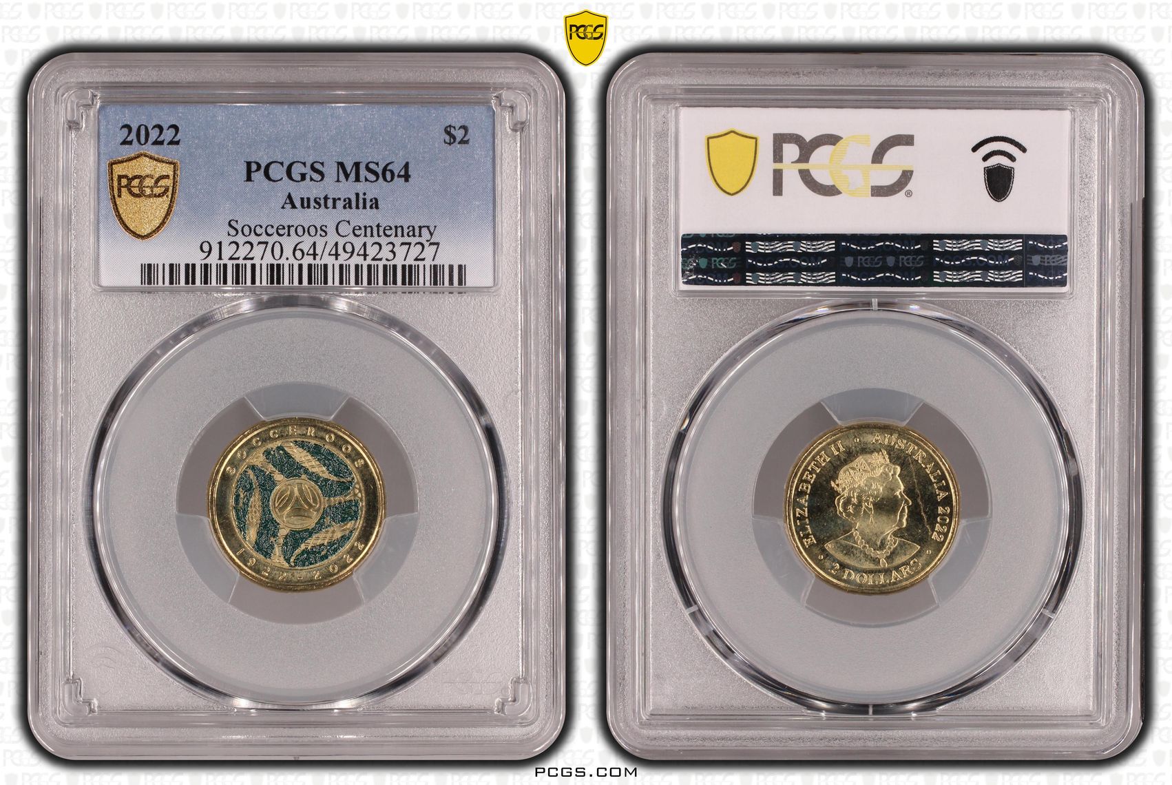 Socceroos Centenary , Two Dollar, 2022, PCGS MS64