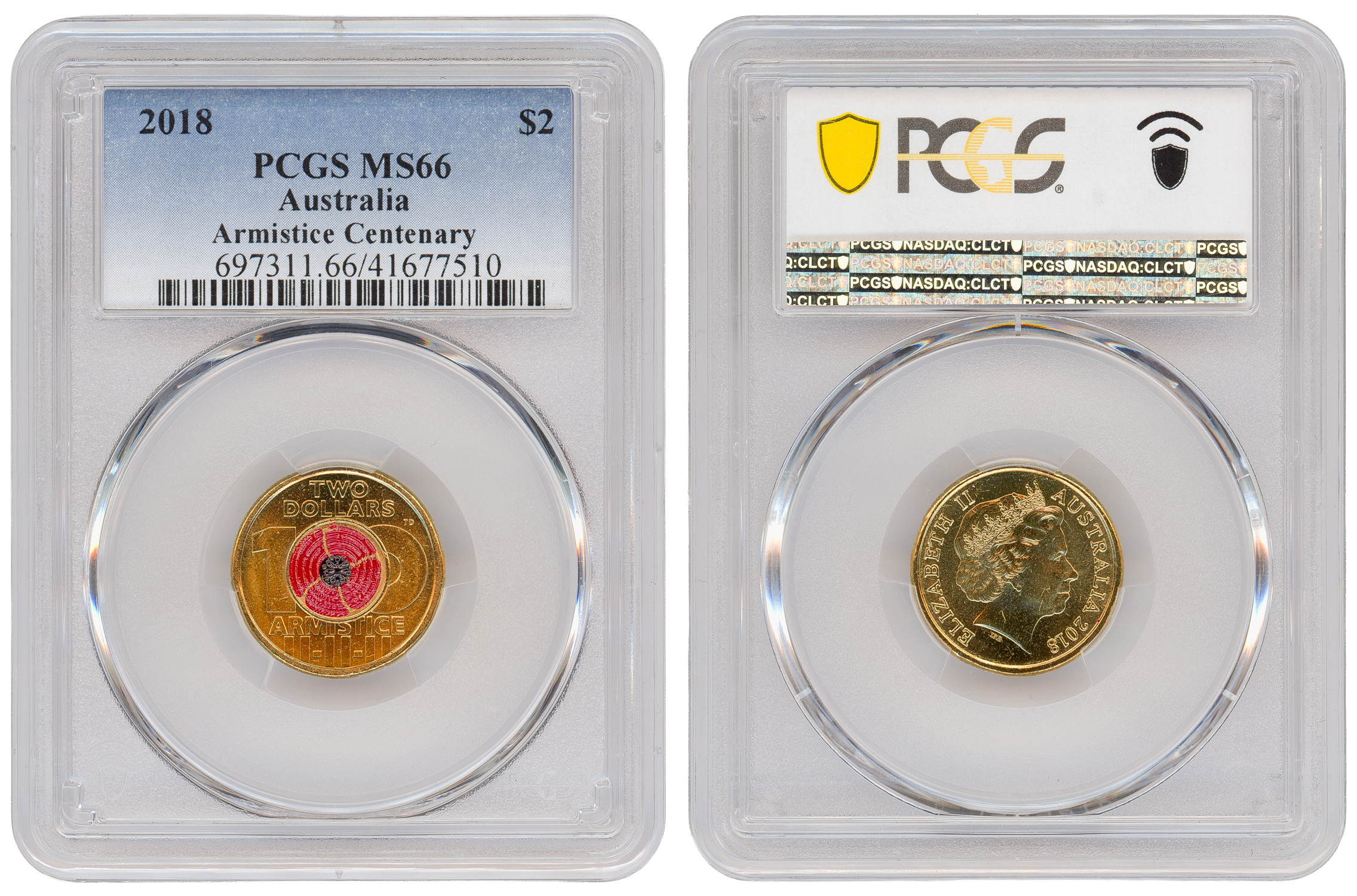 Armistice Centenary Colourised, Two Dollar, 2018, PCGS MS66