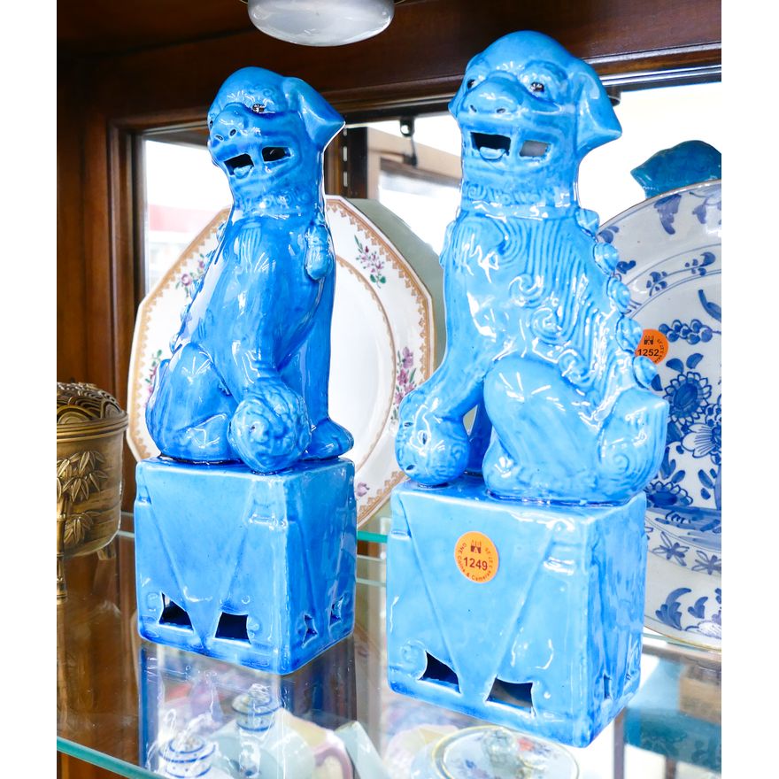 Pair Chinese Peacock Blue Foo Lion Figures 10''