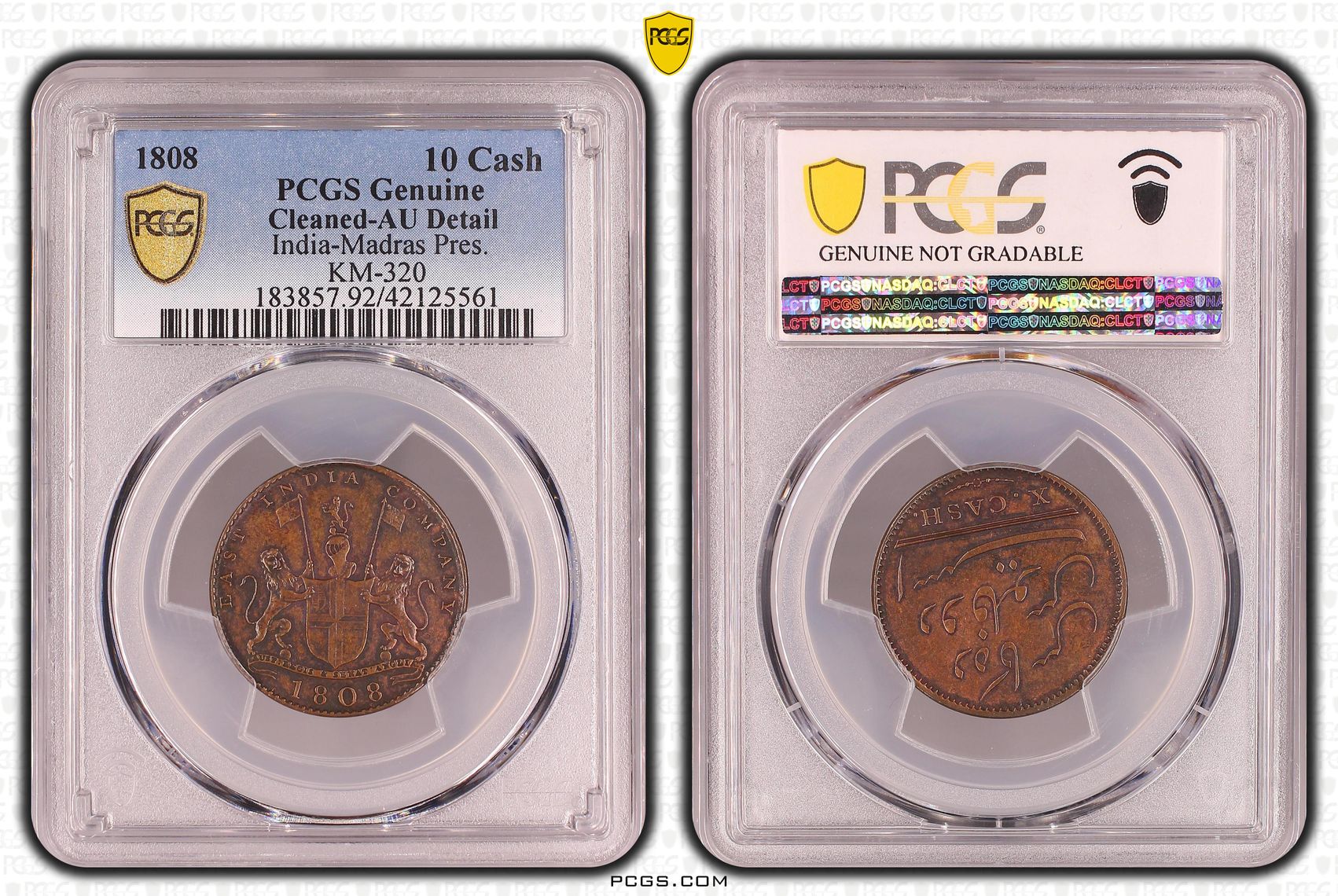 India-Madras Pres., KM-320 Prid-206, Ten Cash, 1808, PCGS Genuine - AU Details (92 - Cleaned)