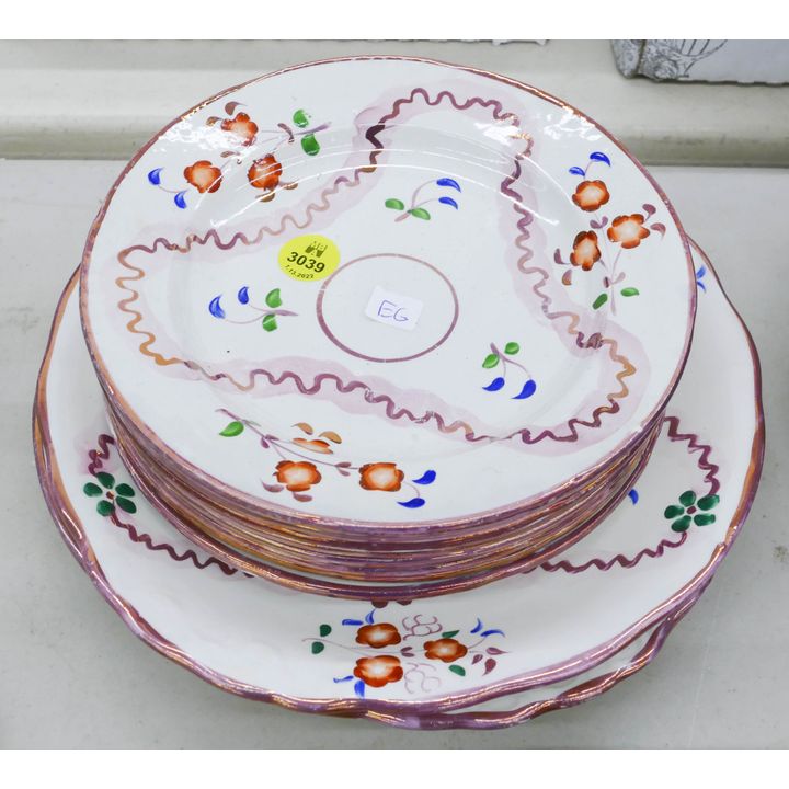10pc Antique Floral Pink Luster Plates- 7'' to 9''