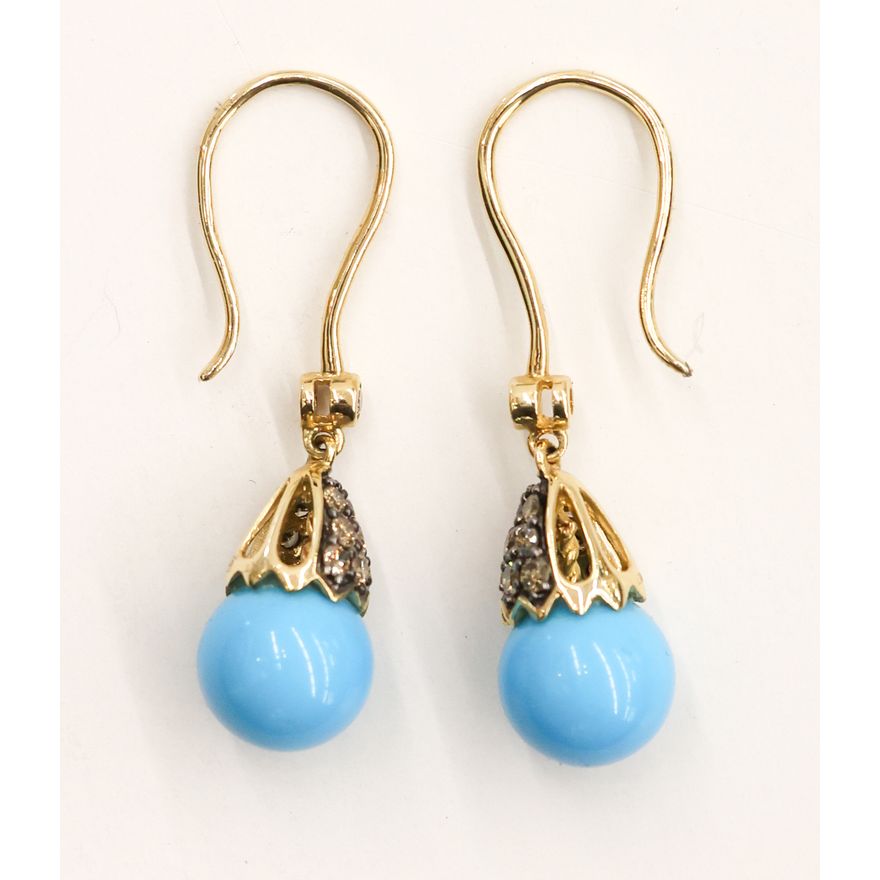 Pair Carlo Viani 14k Diamond Turquoise Drop Earrings