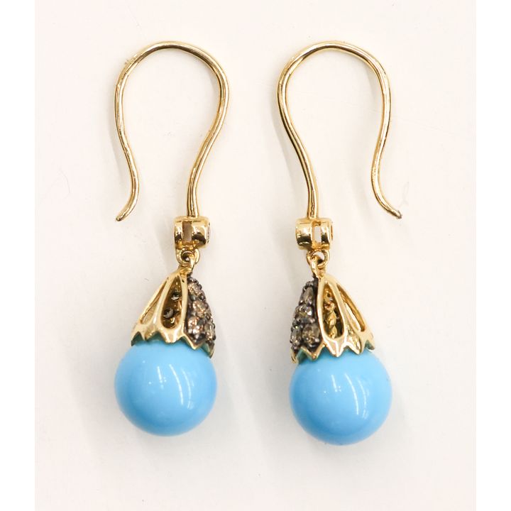 Pair Carlo Viani 14k Diamond Turquoise Drop Earrings
