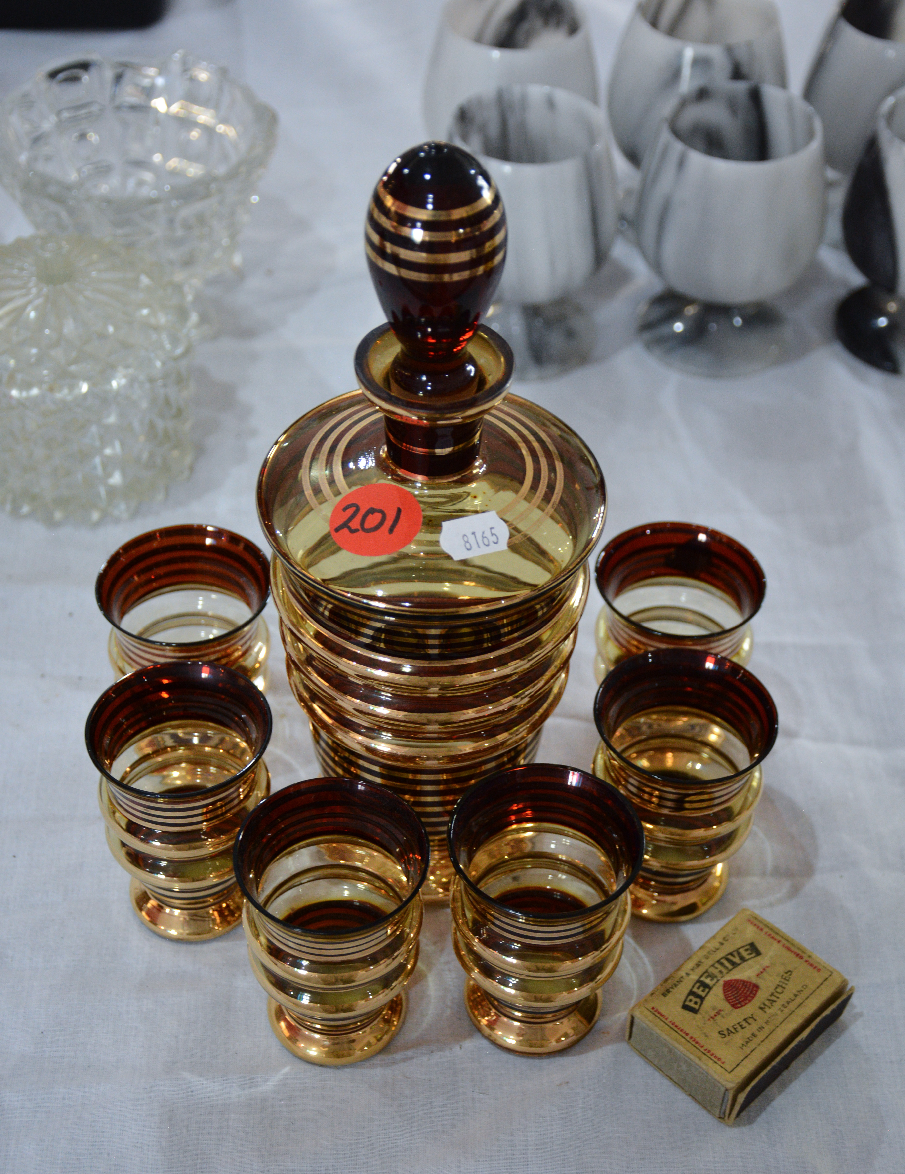 Gilt Glass Decanter and Glasses x 6 — sold at auction in New Zealand for $25