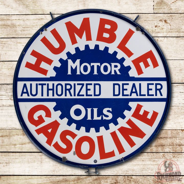 42" Humble Gasoline Motor Oil Authorized Dealer Double Sided Porcelain Sign TAC 8.9