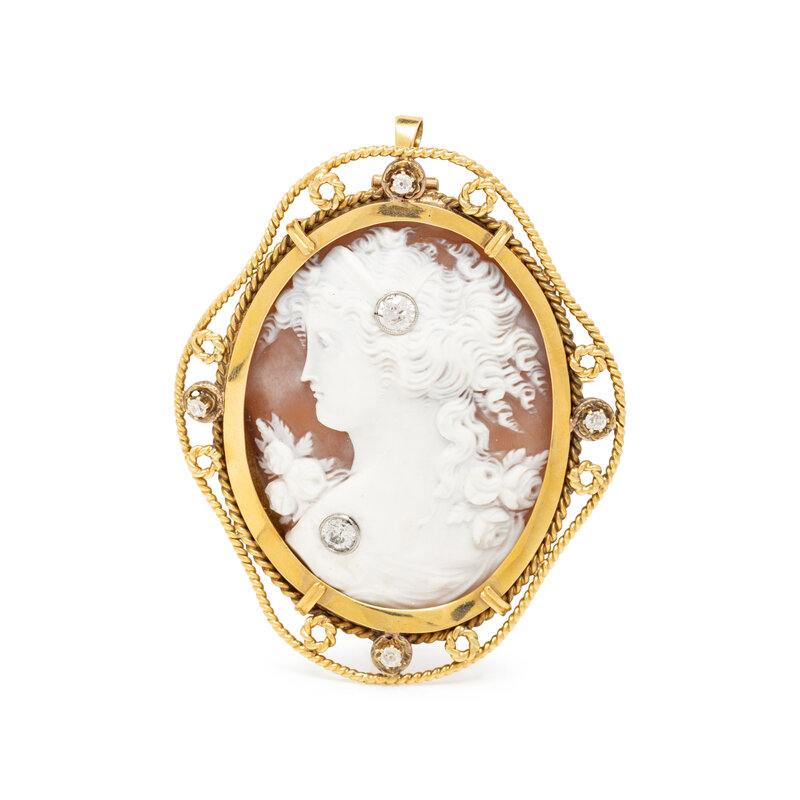 YELLOW GOLD, DIAMOND, AND CARNELIAN CAMEO BROOCH