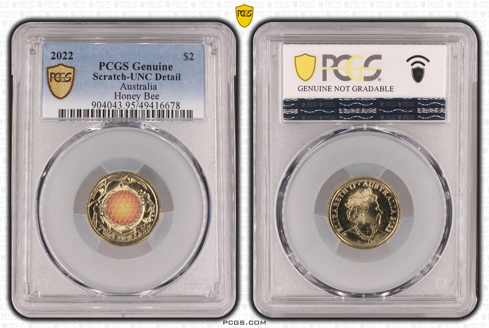 Honey Bee Colorized, Two Dollar, 2022, PCGS Genuine - UNC Details (95 - Scratch)