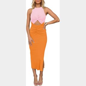 HUUSA WOMEN'S SEXY SLEEVELESS CUT OUT SLIM BODYCON DRESS CREWNECK CRISSCROSS TWIST RUCHED SLIT RIBBED KNIT TANK MIDI DRESS