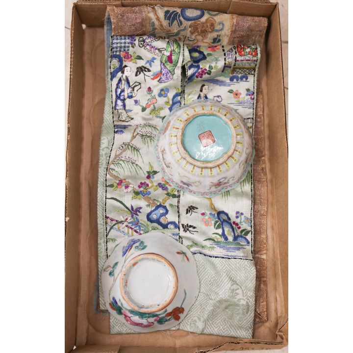 Box Old Chinese Silk Sleeve Panels & Porcelain Bowls