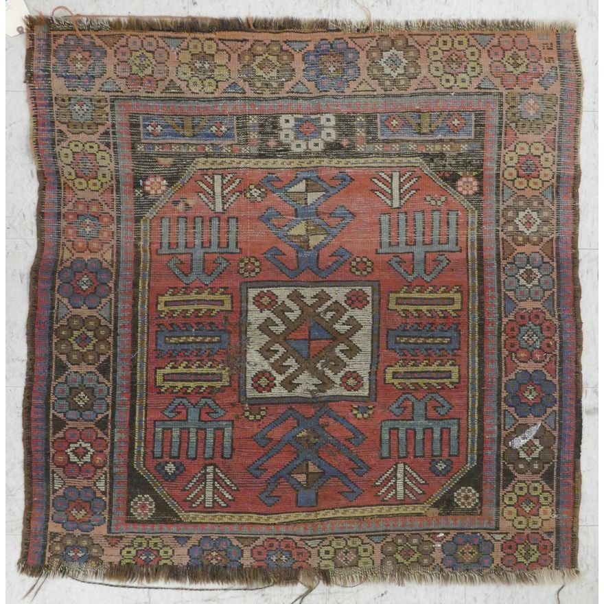 Antique Kazak Caucasian Oriental Rug 46''x46'' - Heavy wear