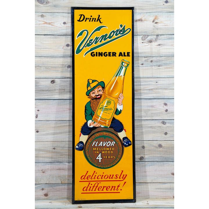 Drink Vernor's Ginger Ale Single Sided Tin Embossed Metal Vertical Sign TAC 9