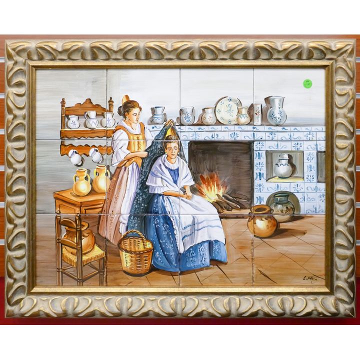 Spanish Painted Women in Interior Tile Set Framed 22''x28''