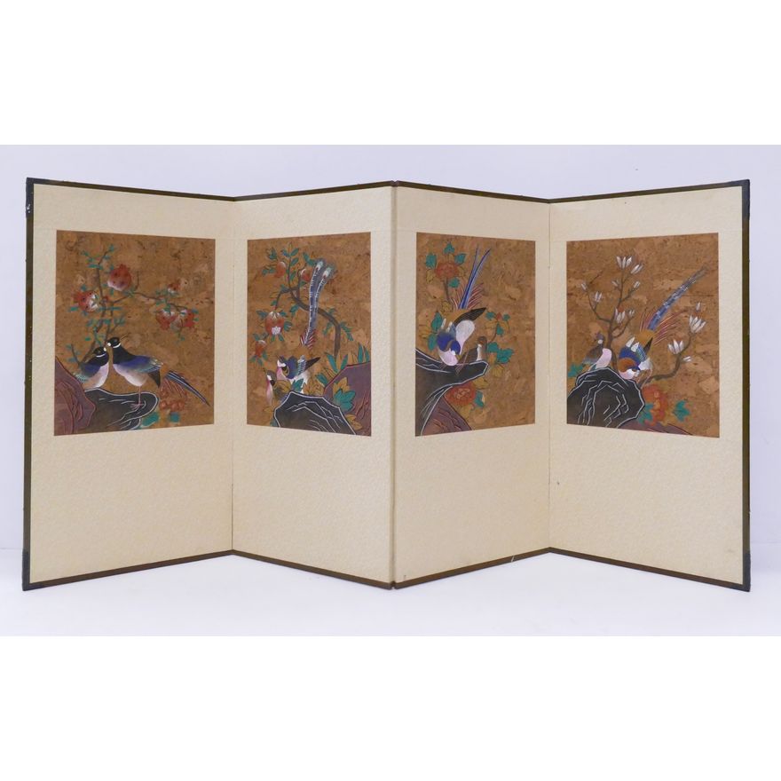 Japanese 4 Panel Birds and Pomegranates Screen- 33x69''