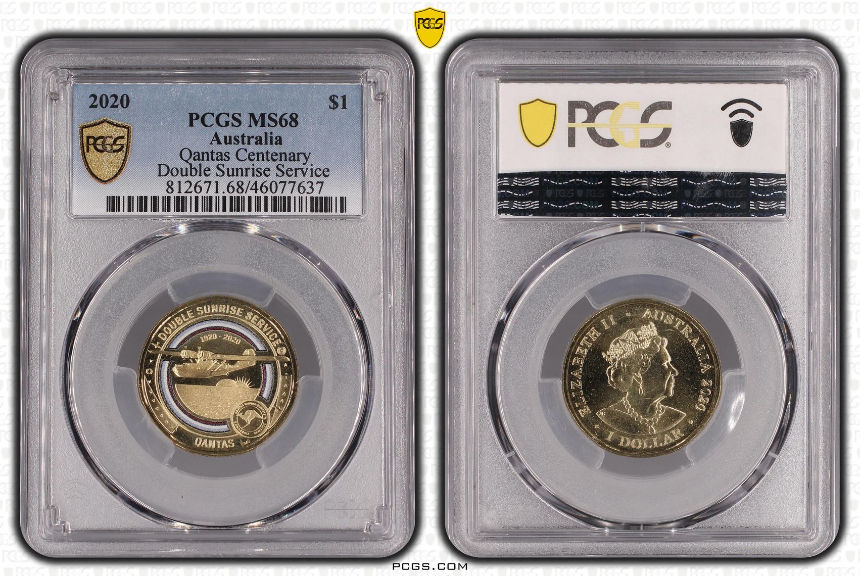 2020 Australia One Dollar, $1 Qantas Centenary Double Sunrise Service PCGS - MS68 -637